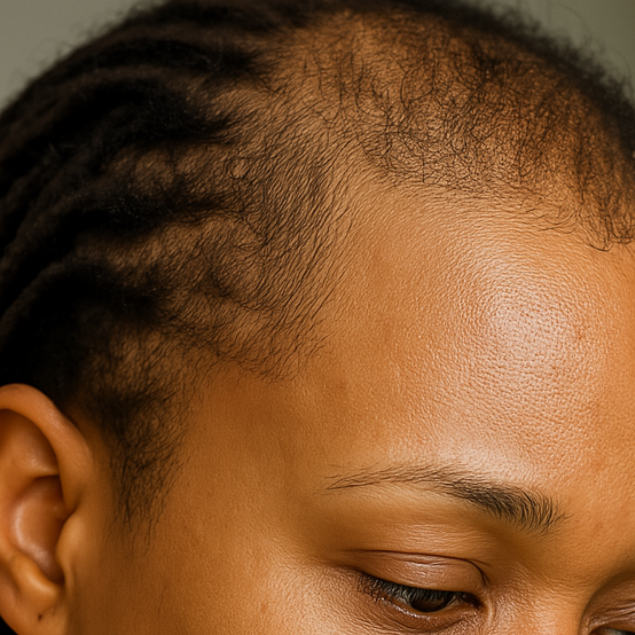 Close-up of a person's forehead and hairline with braided hair.