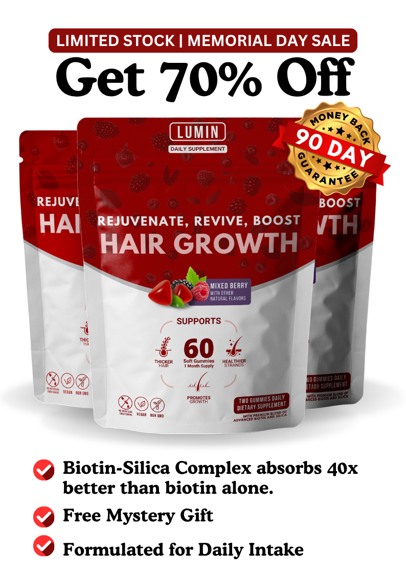 An advertisement for Lumin Hair Growth supplement showing a 70% off Memorial Day sale and product features.
