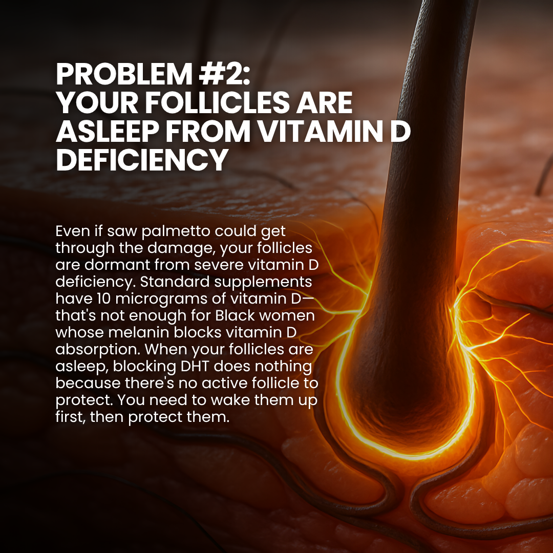 Close-up illustration of hair follicle with highlighted text about vitamin D deficiency's impact on follicles.