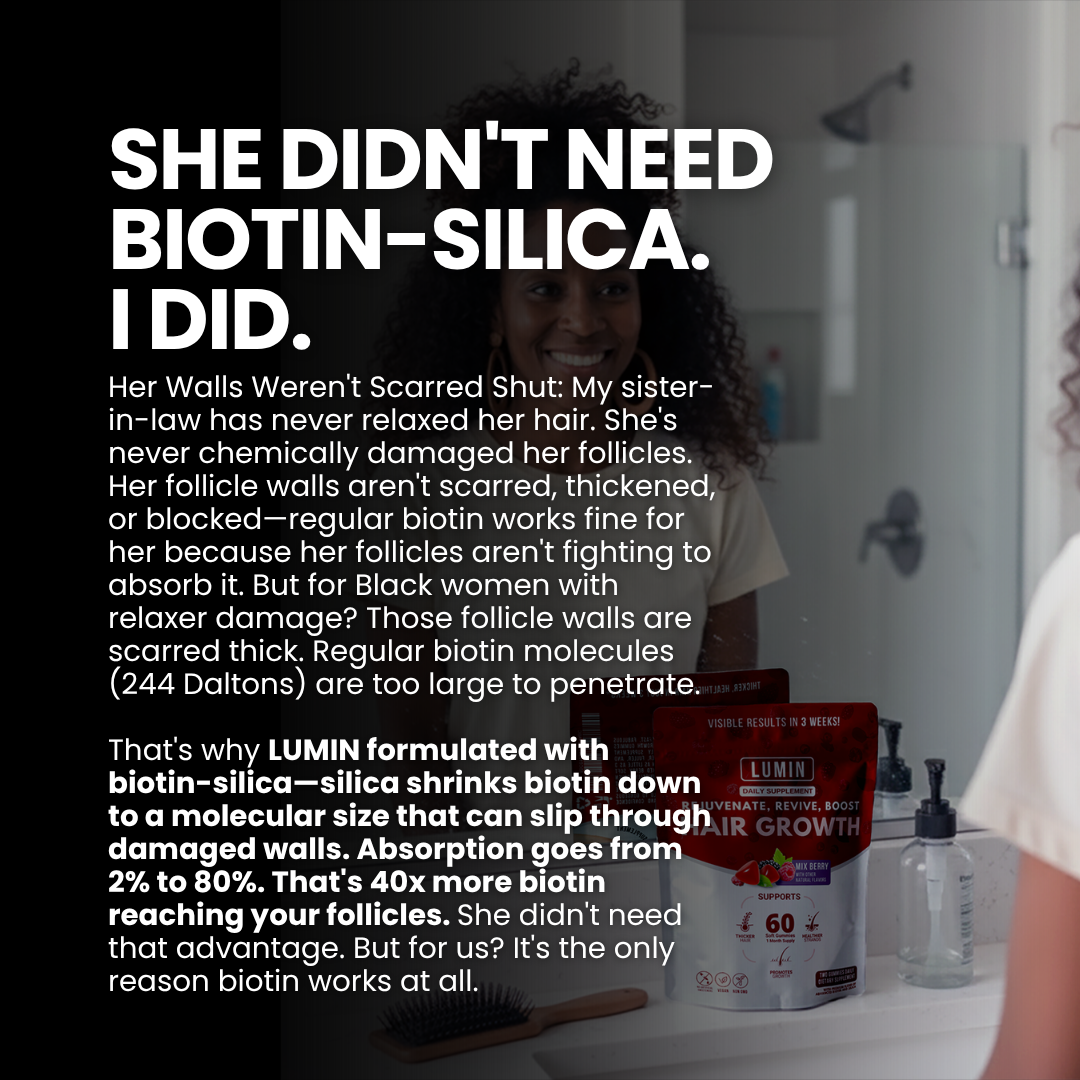 Woman smiling at bathroom mirror, text about biotin-silica product benefits on the left.