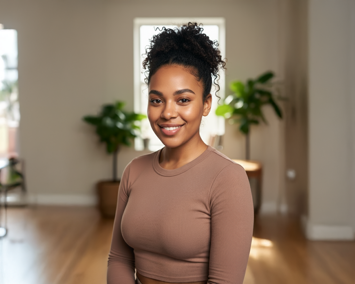 A smiling woman with curly hair in a bun, wearing a brown long-sleeved top in a room.