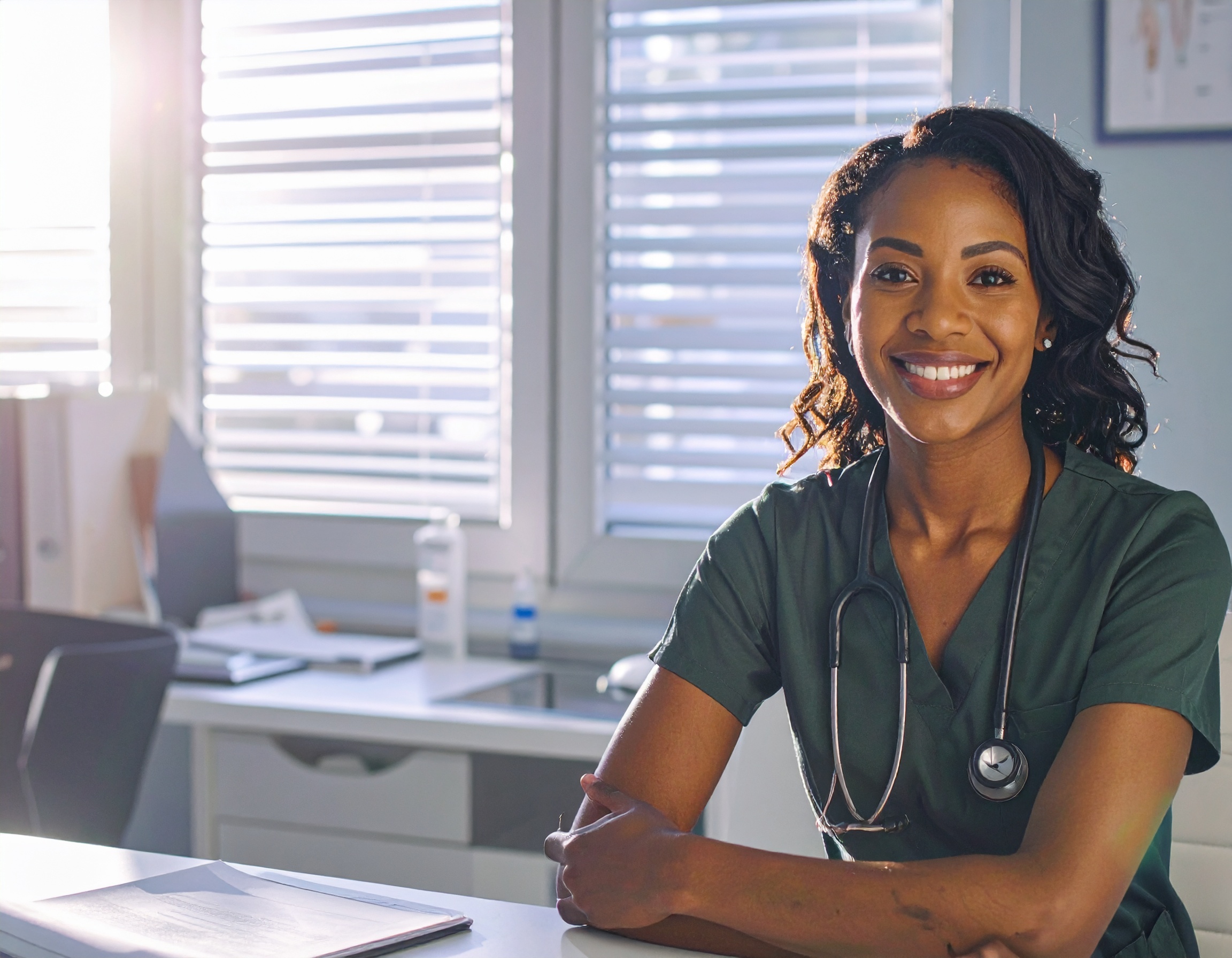 Smiling person in scrubs with a stethoscope in a sunlit office.