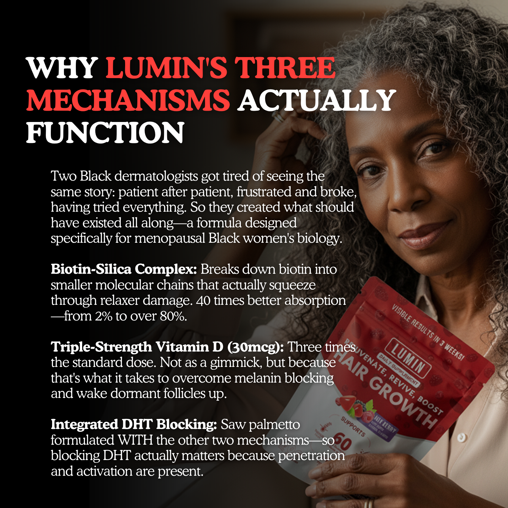 A woman holds a Lumin hair growth product with text about three mechanisms for menopausal Black women.