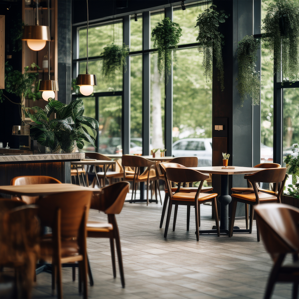 Modern cafe interior with wooden furniture and hanging plants.