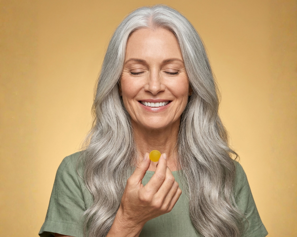 A woman with long gray hair smiles with her eyes closed, holding a yellow gummy against a yellow background.