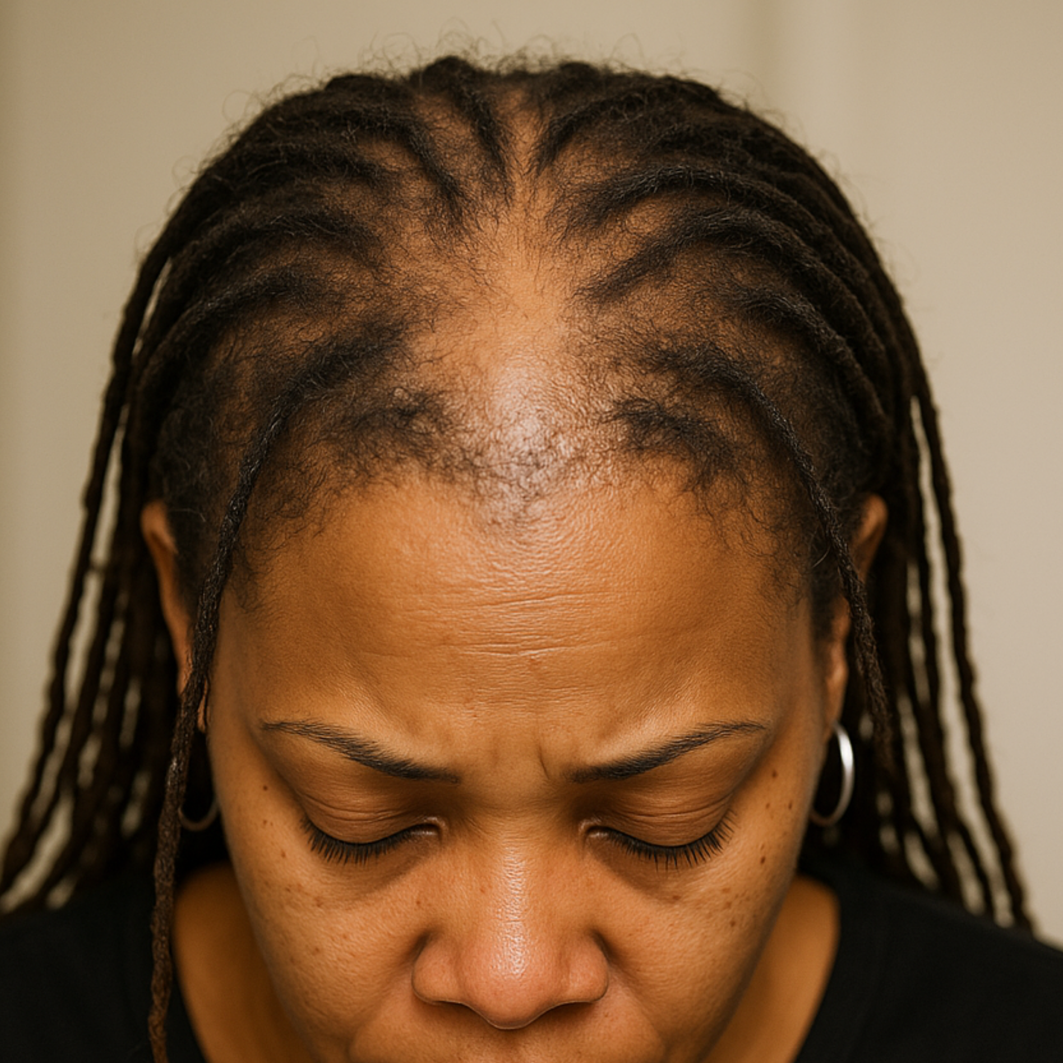 Person with thinning hair and dreadlocks, looking down.