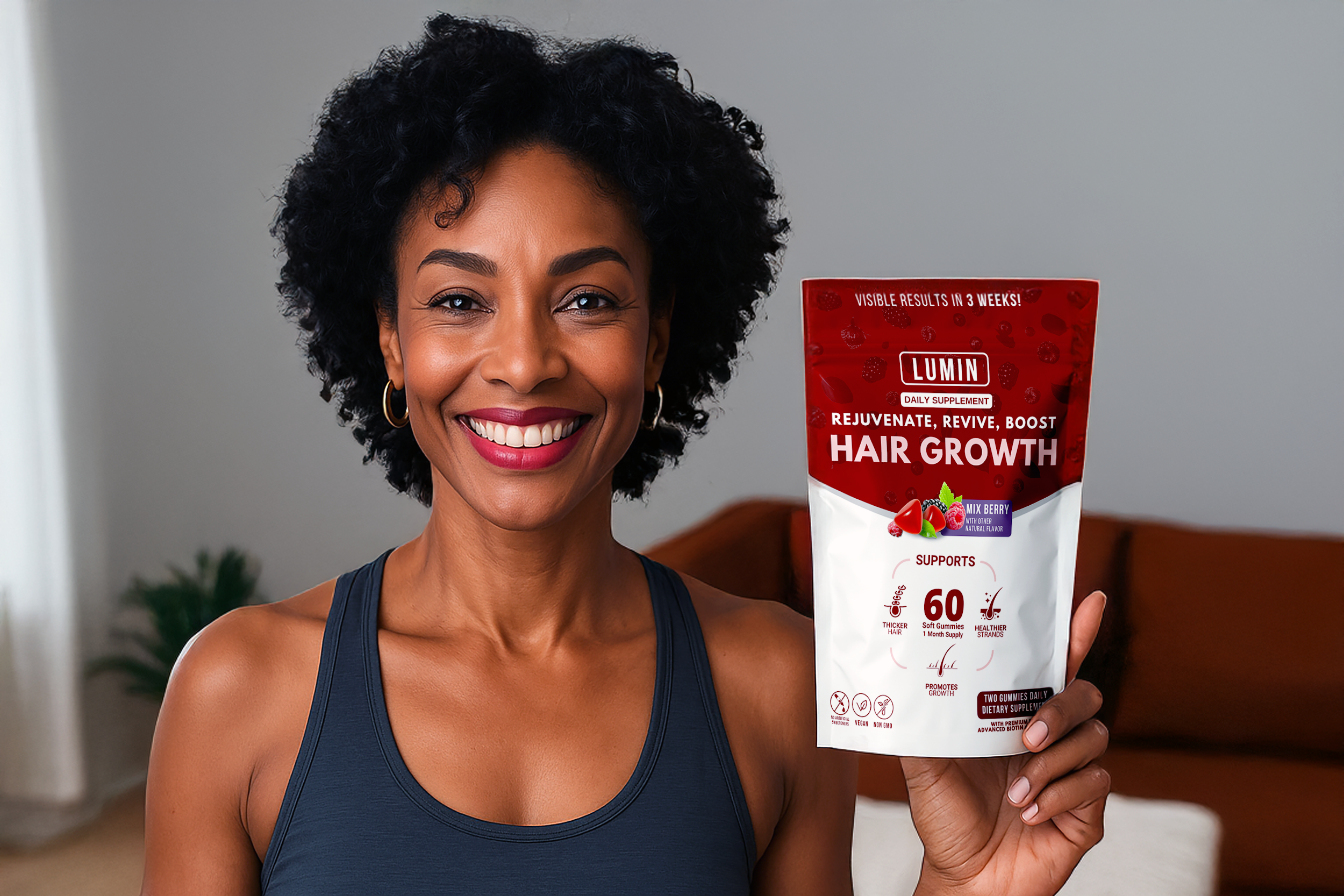 Smiling woman holding a hair growth supplement package.