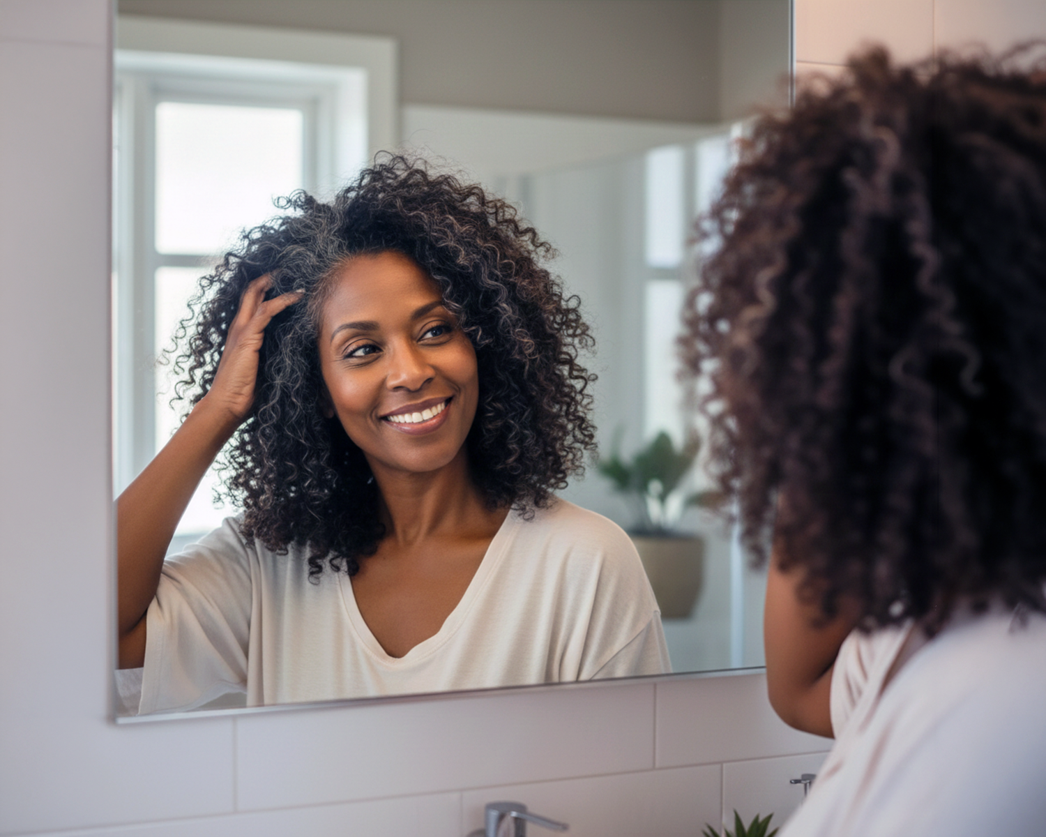 A smiling woman with curly, graying hair looks at her reflection in a bathroom mirror.