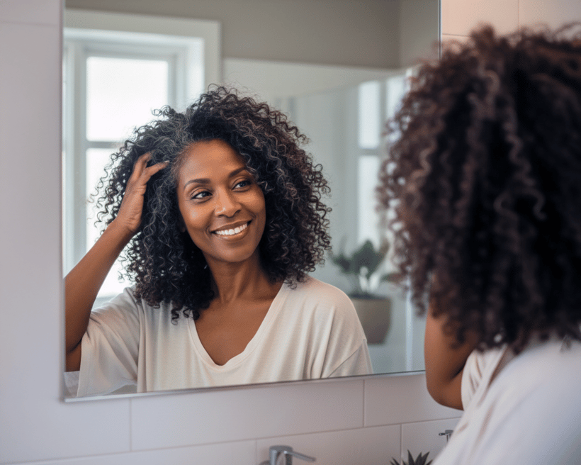 A smiling woman with curly graying hair