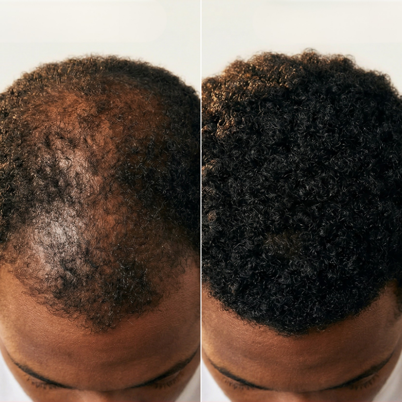 A before and after comparison showing hair regrowth on the top of a person's head with coily hair.