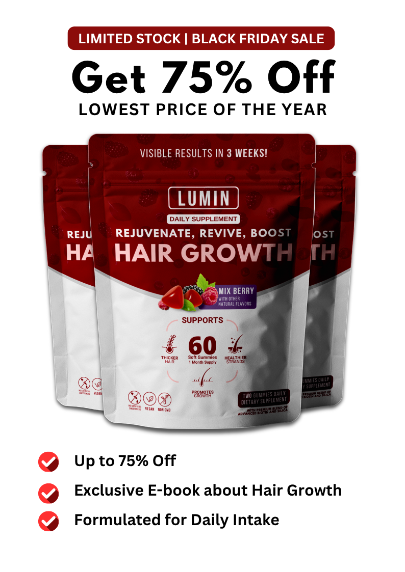 Promotional image of Lumin Hair Growth supplement with sale details and benefits listed.