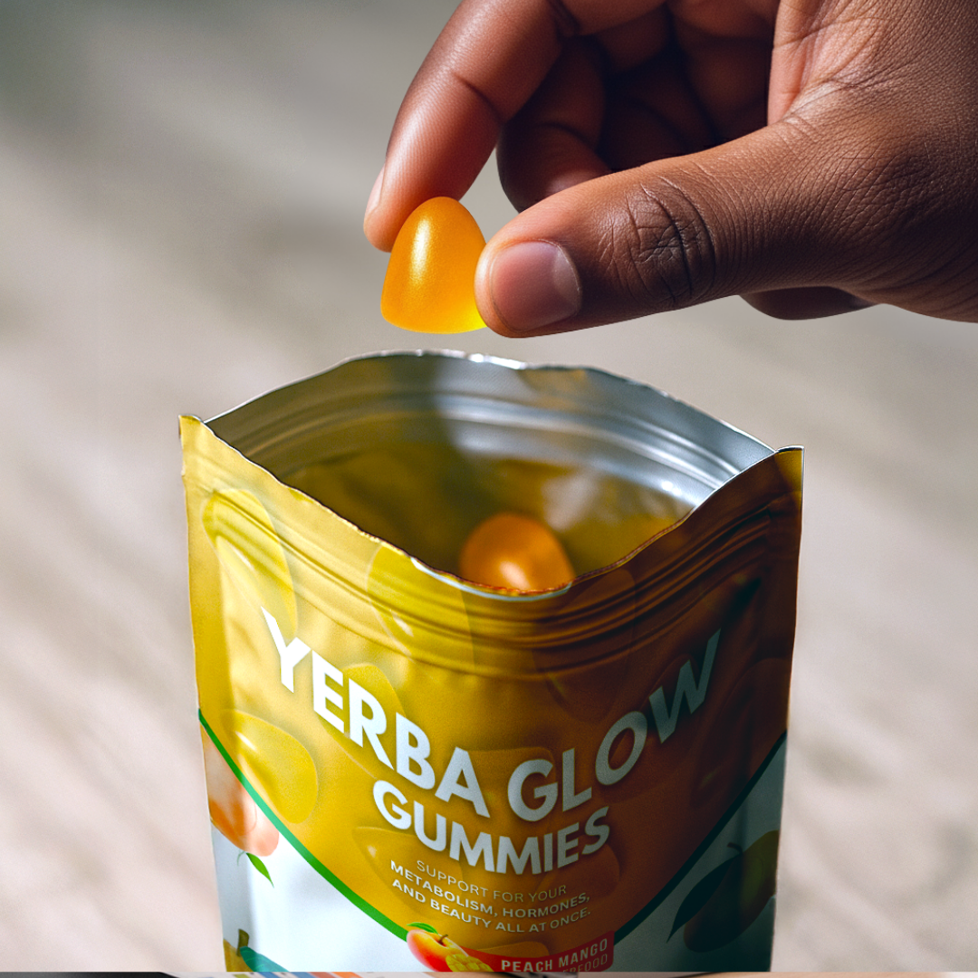 Hand holding an orange gummy above an opened bag labeled 'Yerba Glow Gummies.'