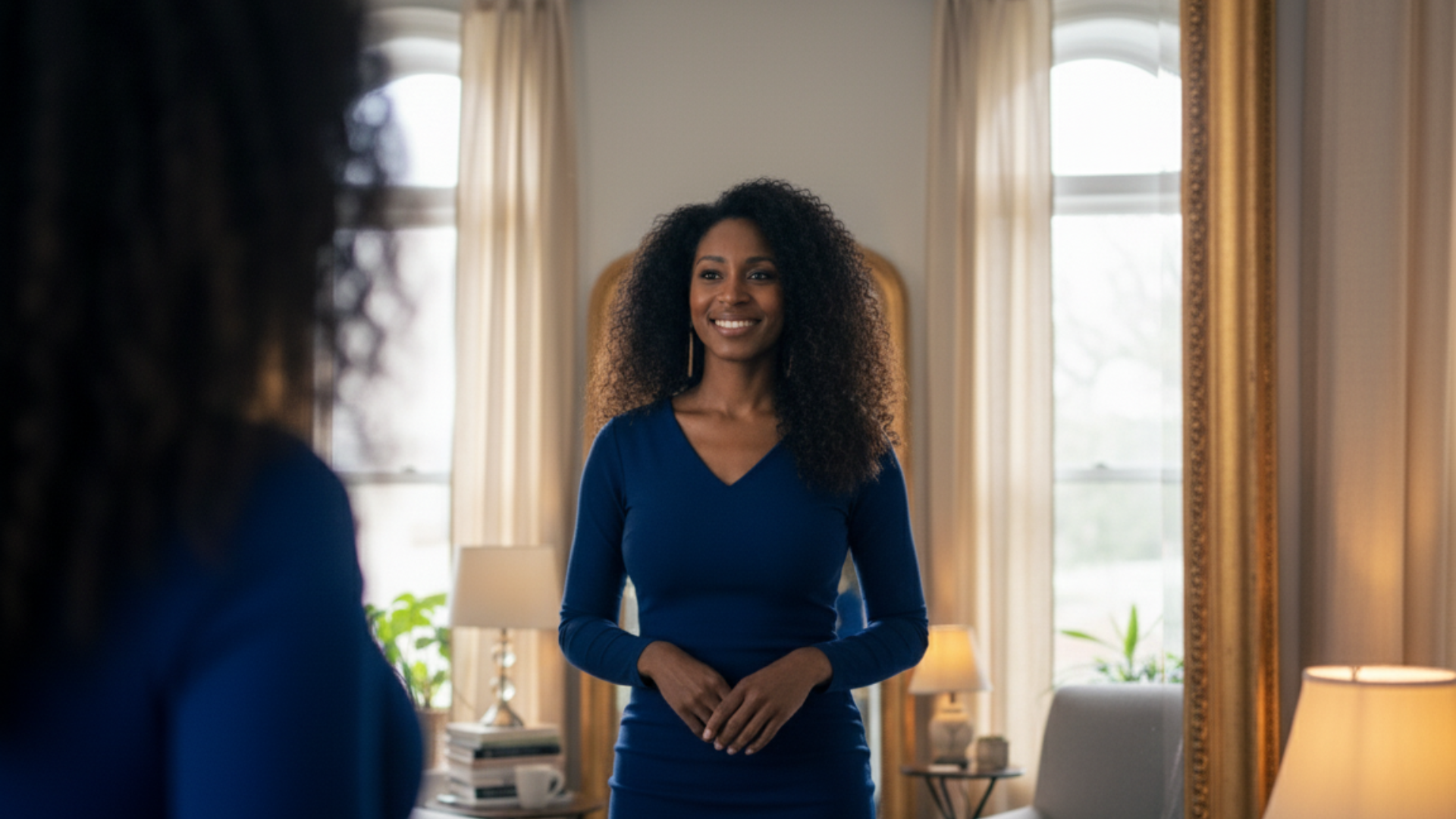 Smiling woman in blue dress standing in a warmly lit room with curtains.