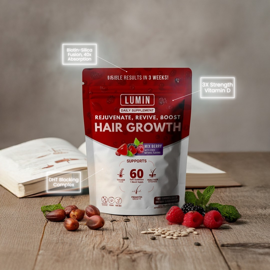 A pouch of Lumin Hair Growth supplement sits on a wooden table surrounded by berries and nuts.