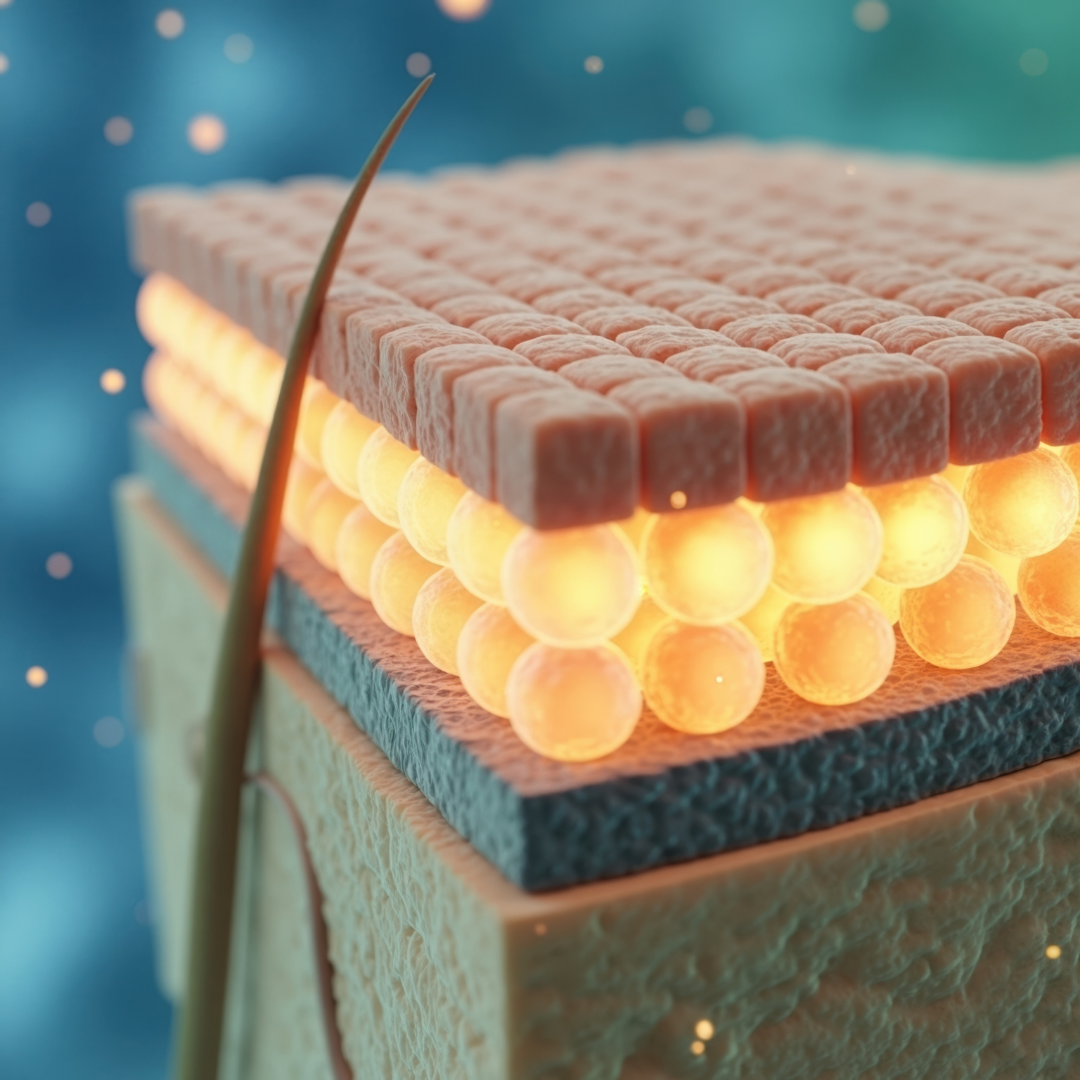 Illustration of layered structure with glowing spheres, resembling microscopic or nanostructure detail.