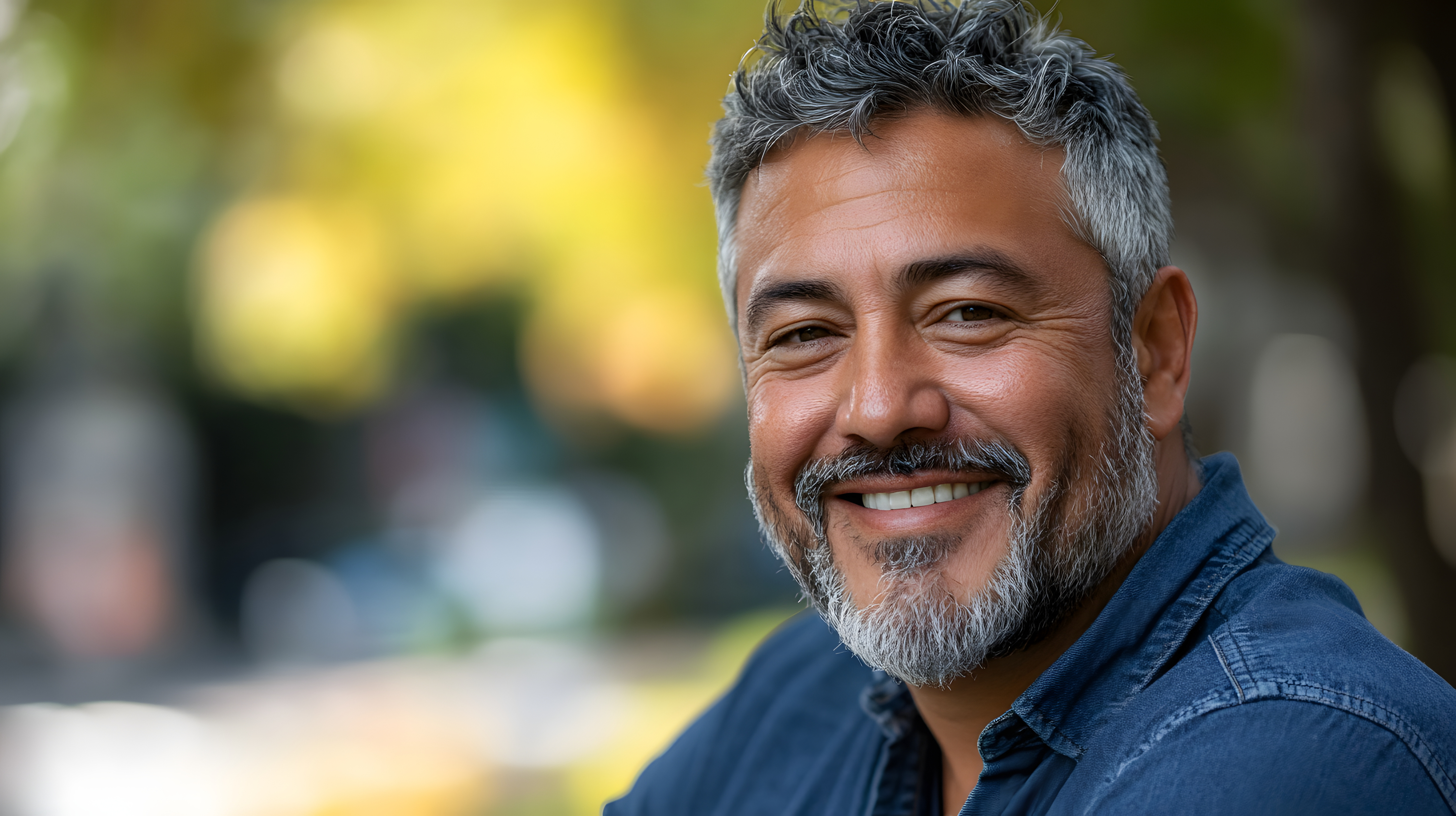Smiling man with gray hair and beard, wearing a blue shirt, outdoors.