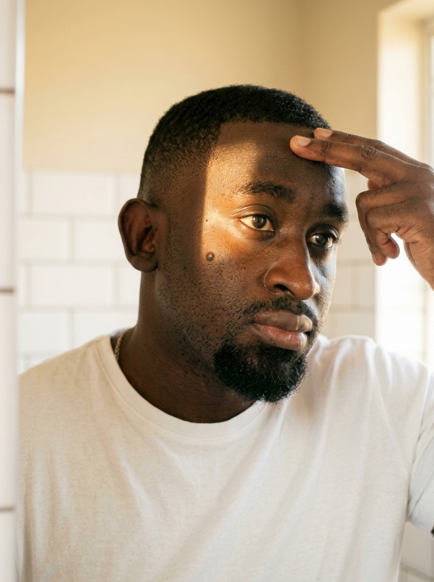 A man in a white T-shirt looks at his reflection while touching his forehead.