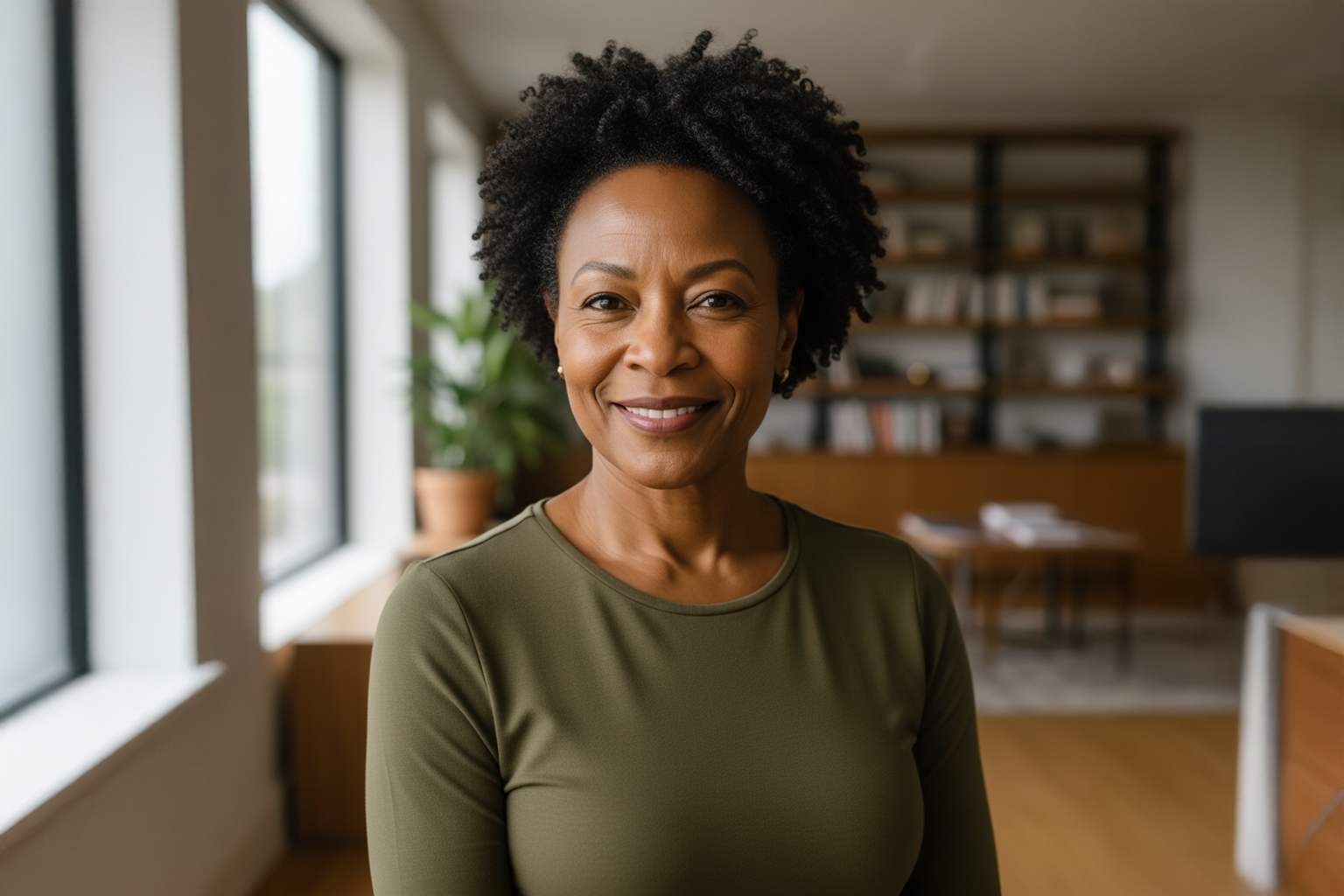 Smiling person in a green shirt standing in a room with shelves and a plant.