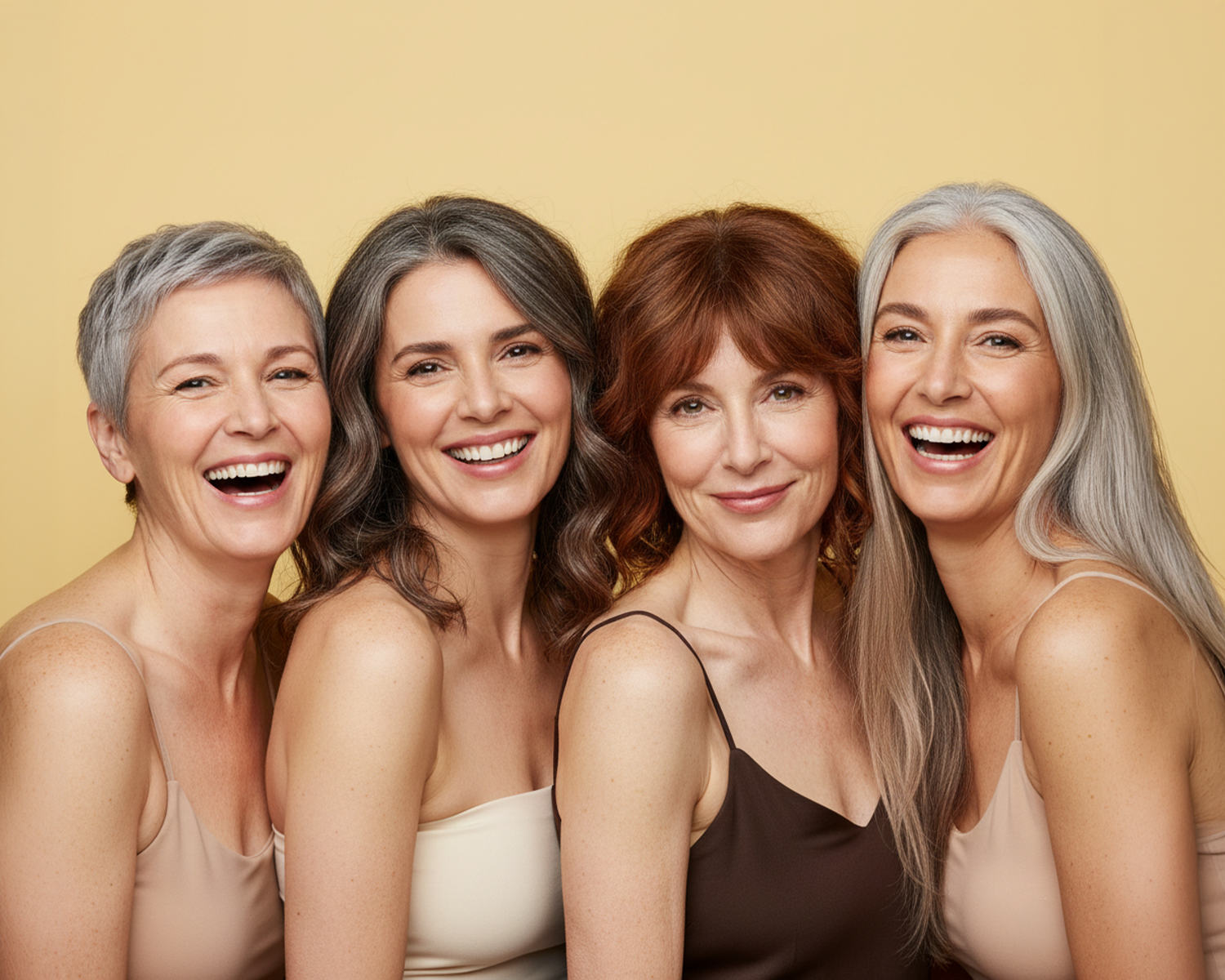 Four smiling middle-aged women with different hair colors and styles posing together against a yellow background.