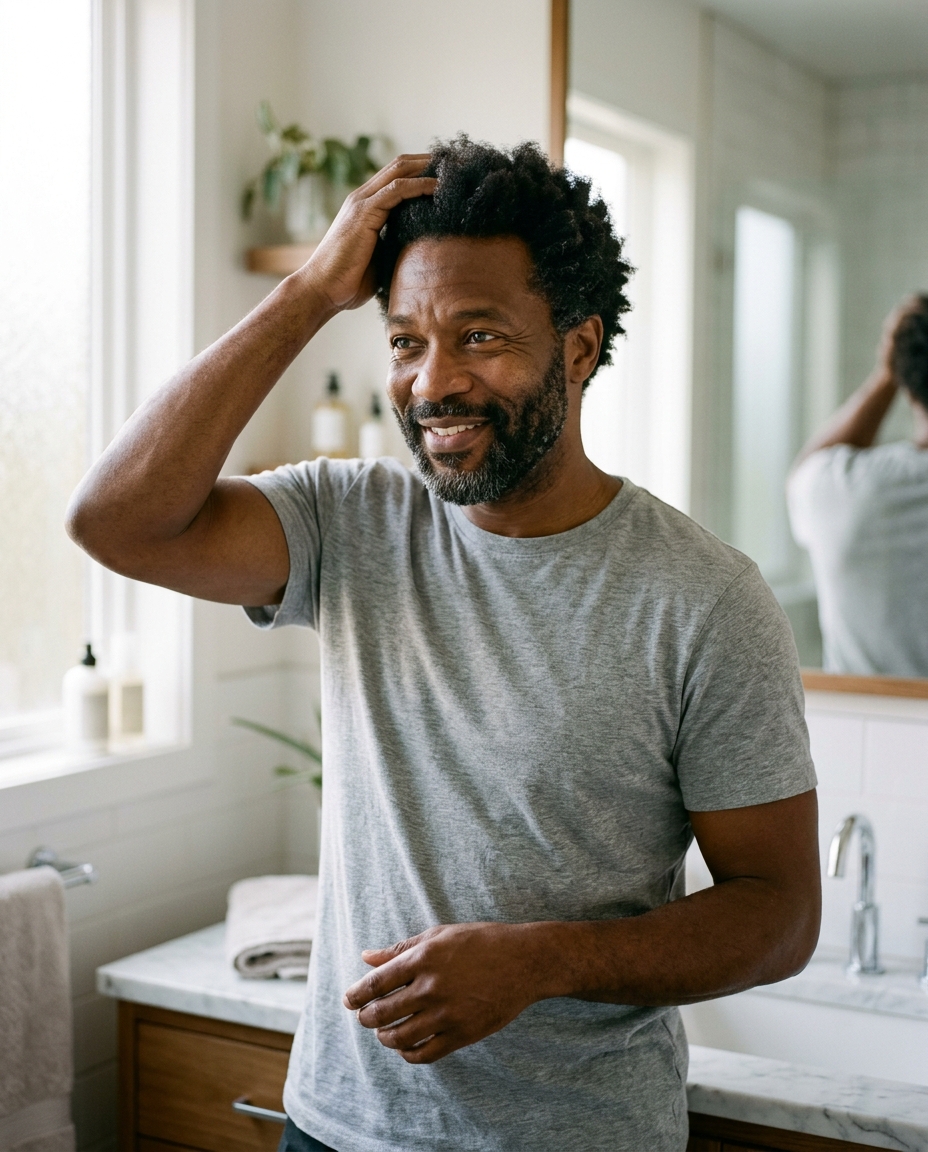 A smiling man with a beard runs his hand through his hair while standing in a bathroom.