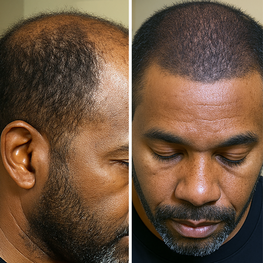 Side-by-side comparison of a man's hair before and after treatment.
