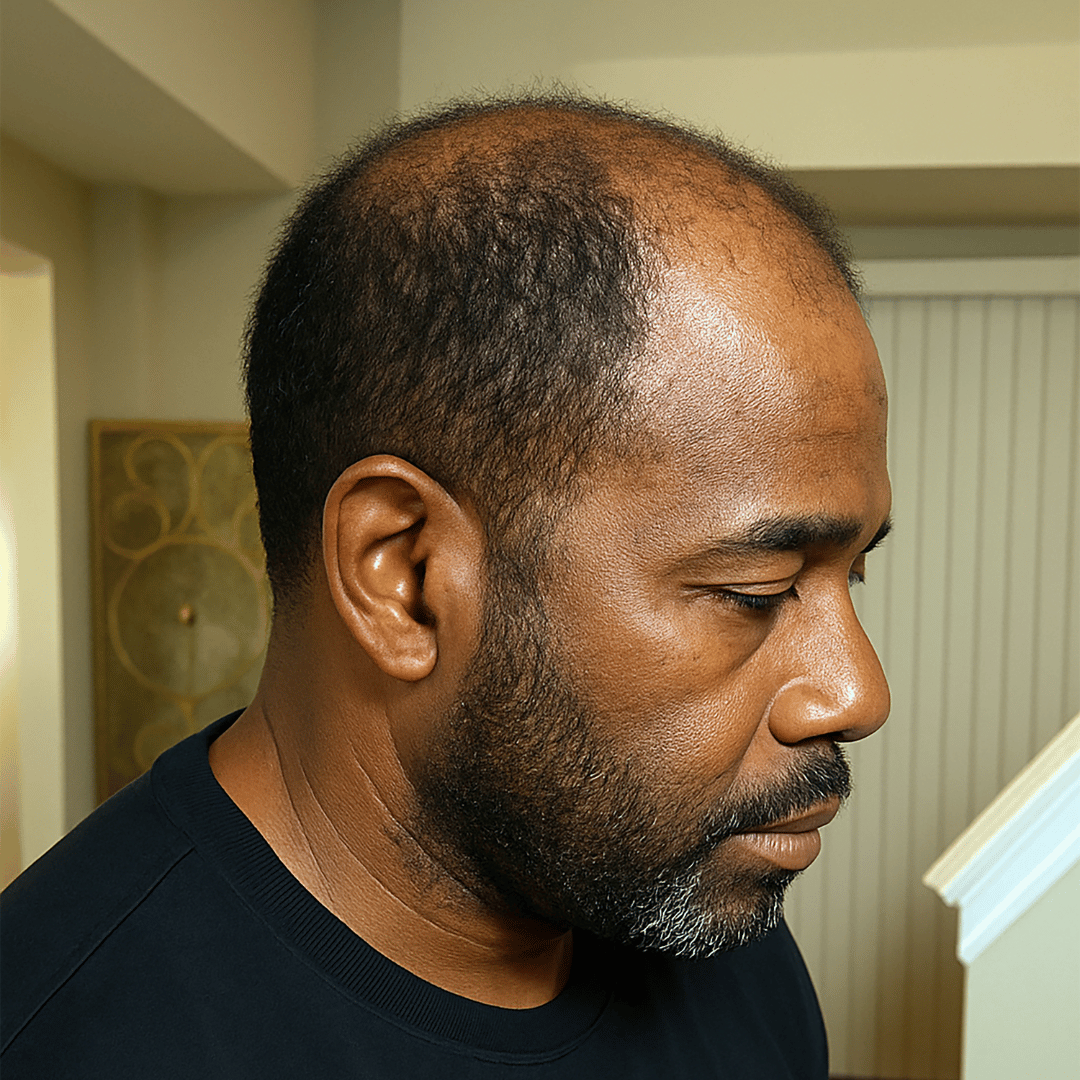 Side profile of a man with a receding hairline indoors.