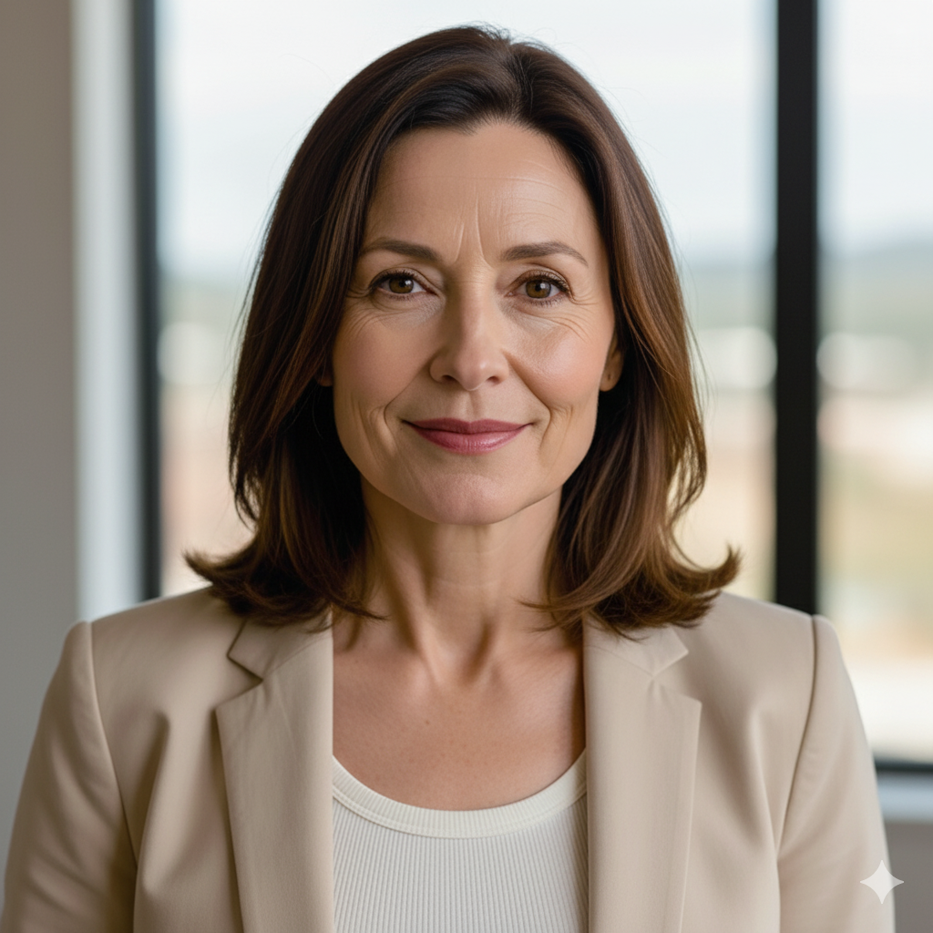 Woman smiling indoors, with a window in the background.