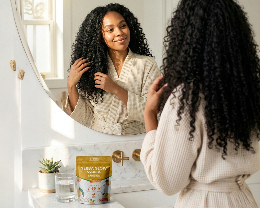 A woman with curly hair looks at her reflection in a bathroom mirror, touching her hair.