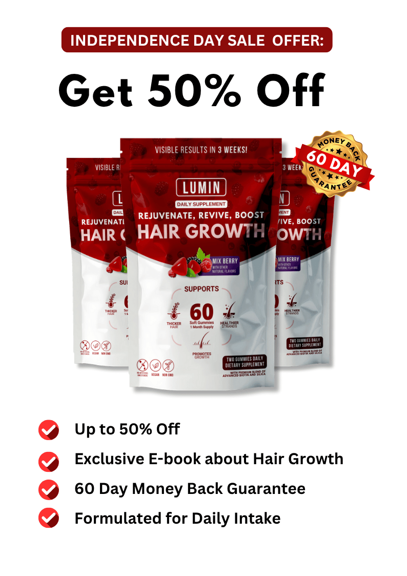 Promotional image for Lumin hair growth supplement with 50% off and 60-day guarantee.