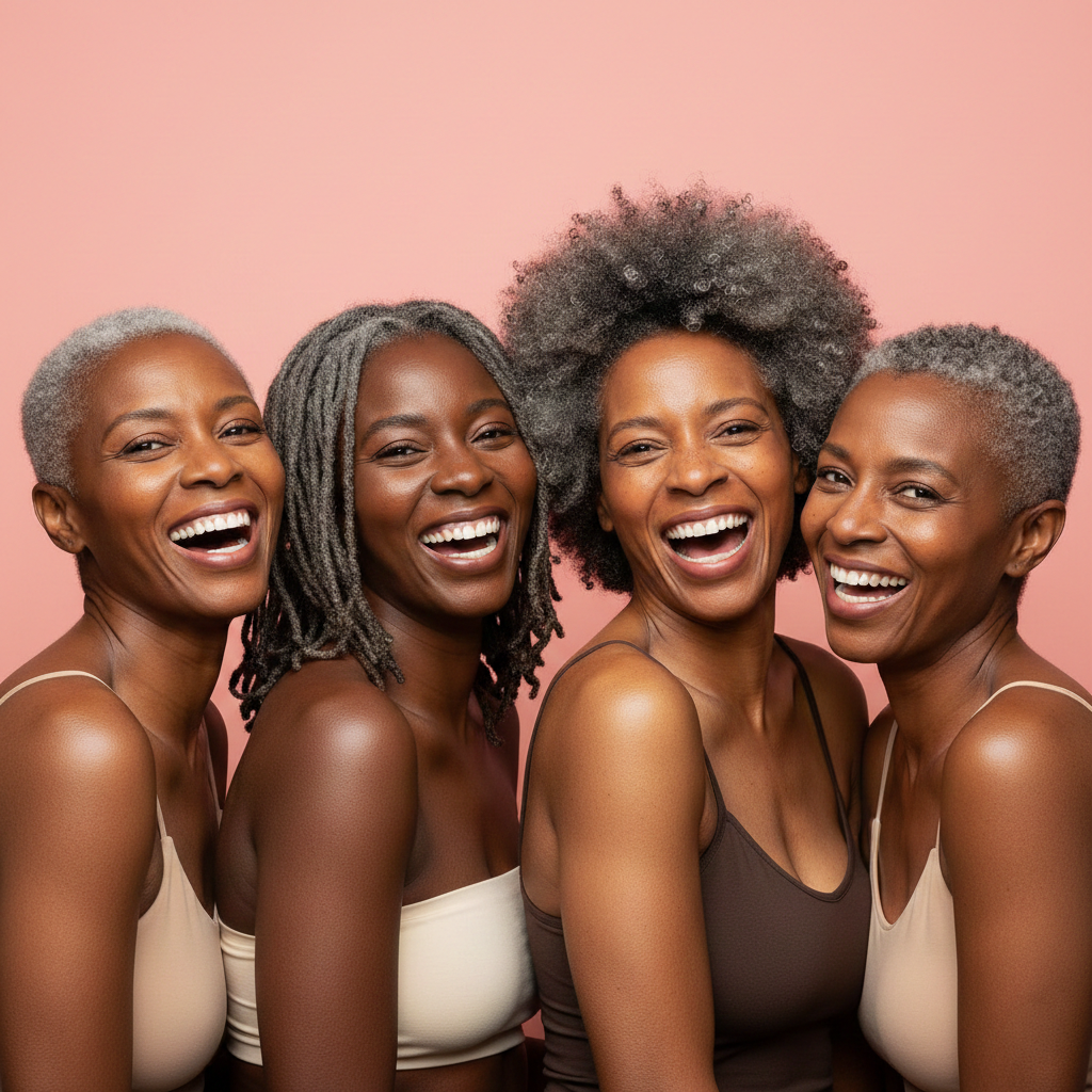 Four Black women with various grey hairstyles laughing together against a pink background.