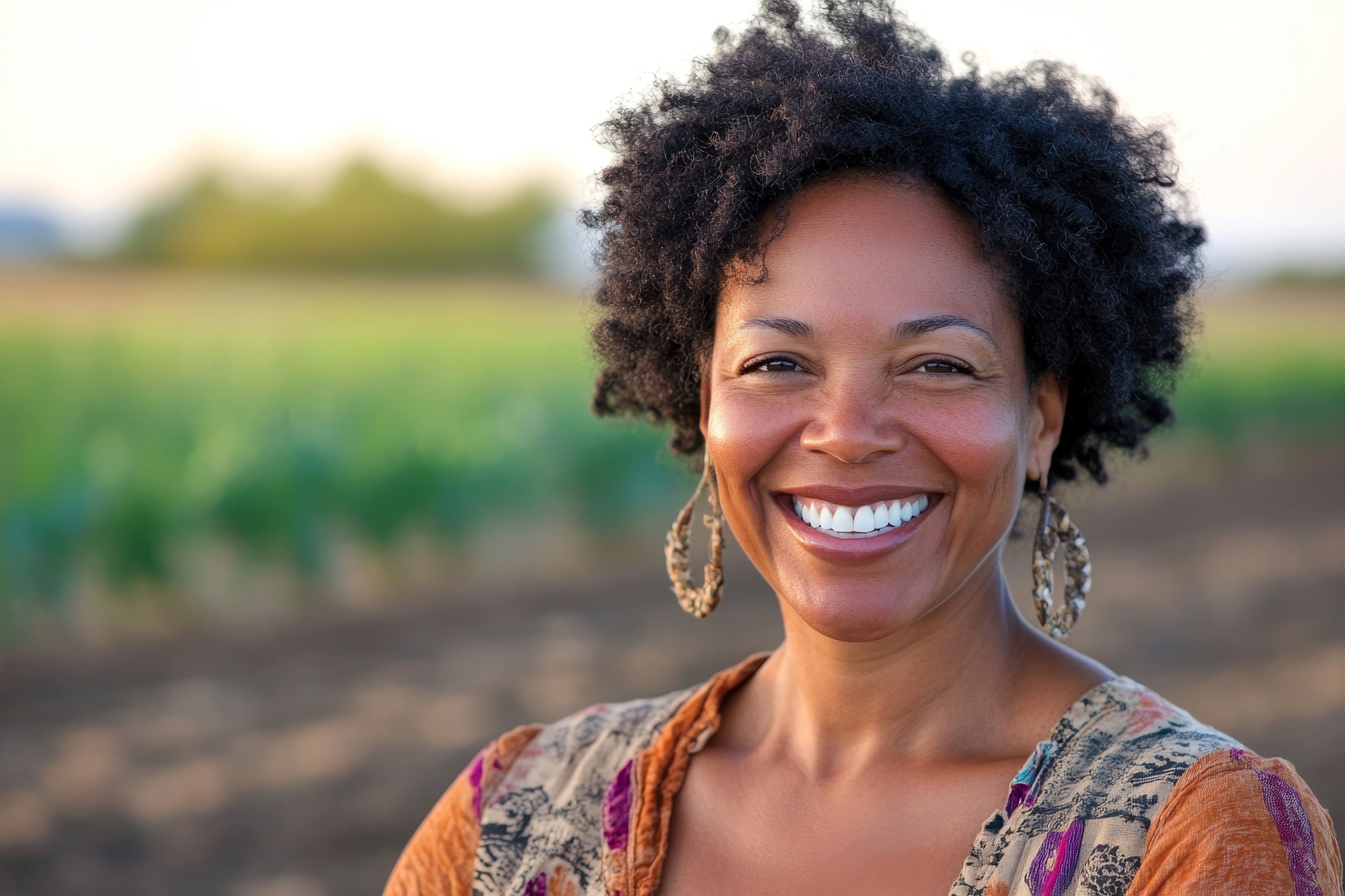 Smiling person with curly hair in a field, wearing patterned clothing.