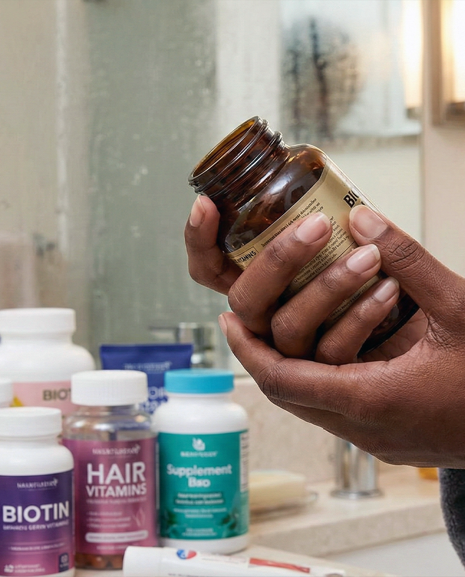 A person's hands hold a brown vitamin bottle with other supplements on a bathroom counter.