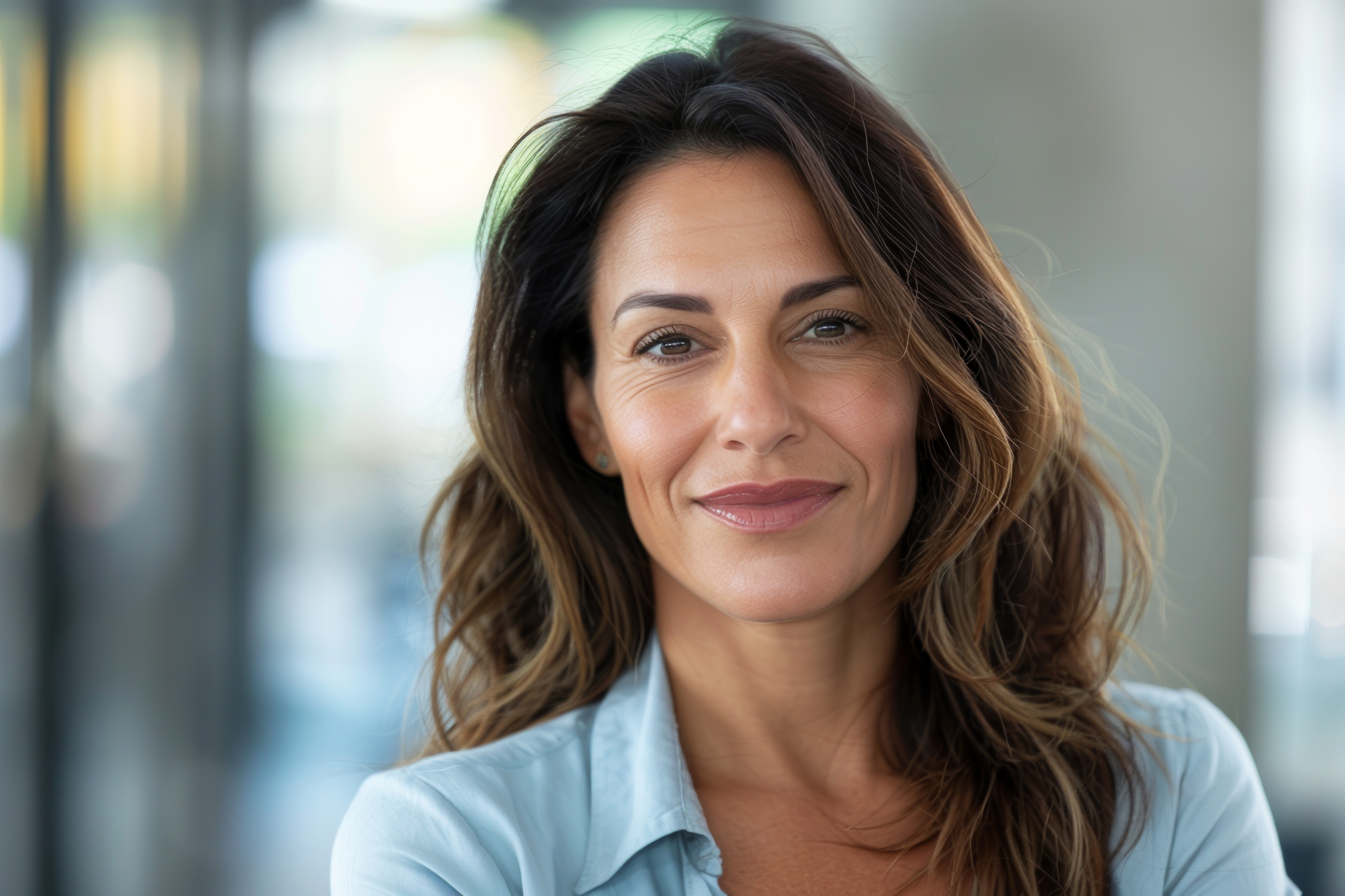 Smiling woman with long hair in a light blue shirt, blurred background.