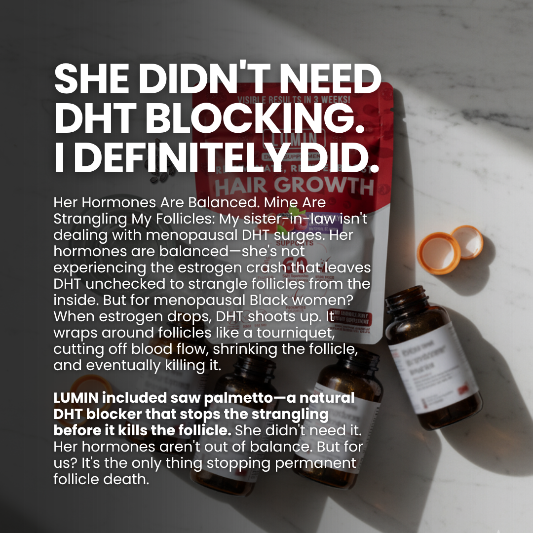 Text overlay on hair growth product packaging with open bottles and capsules on a table.