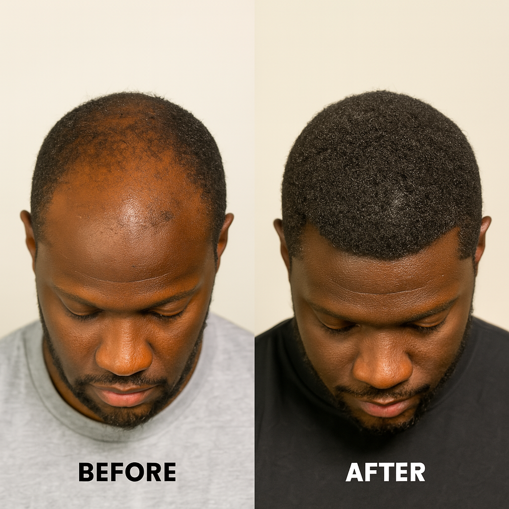 Before and after hair restoration comparison of a man.