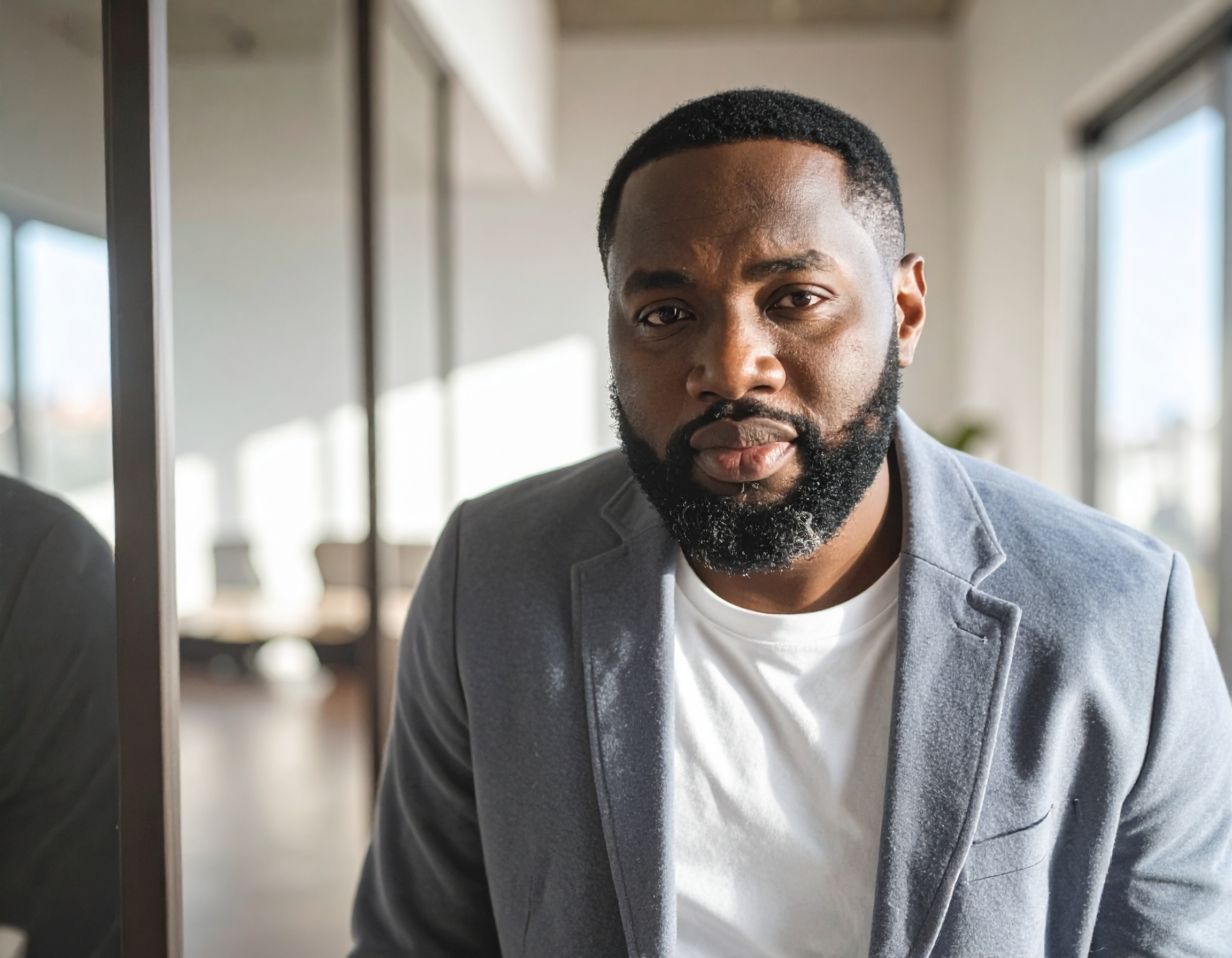 Man in a blazer looking at the camera in a well-lit room with a large window.