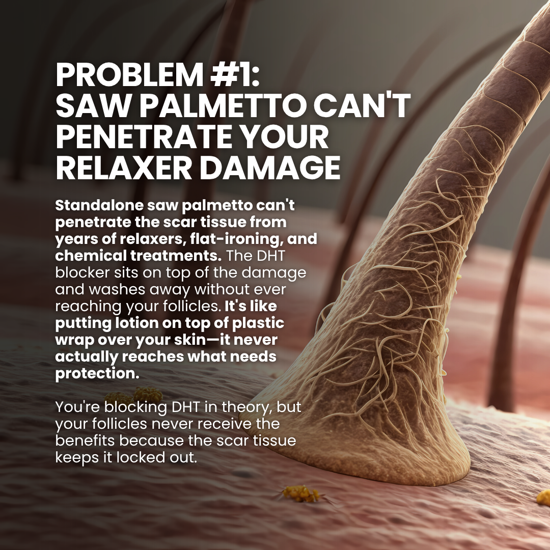 Close-up of a hair follicle with text about saw palmetto and scar tissue.