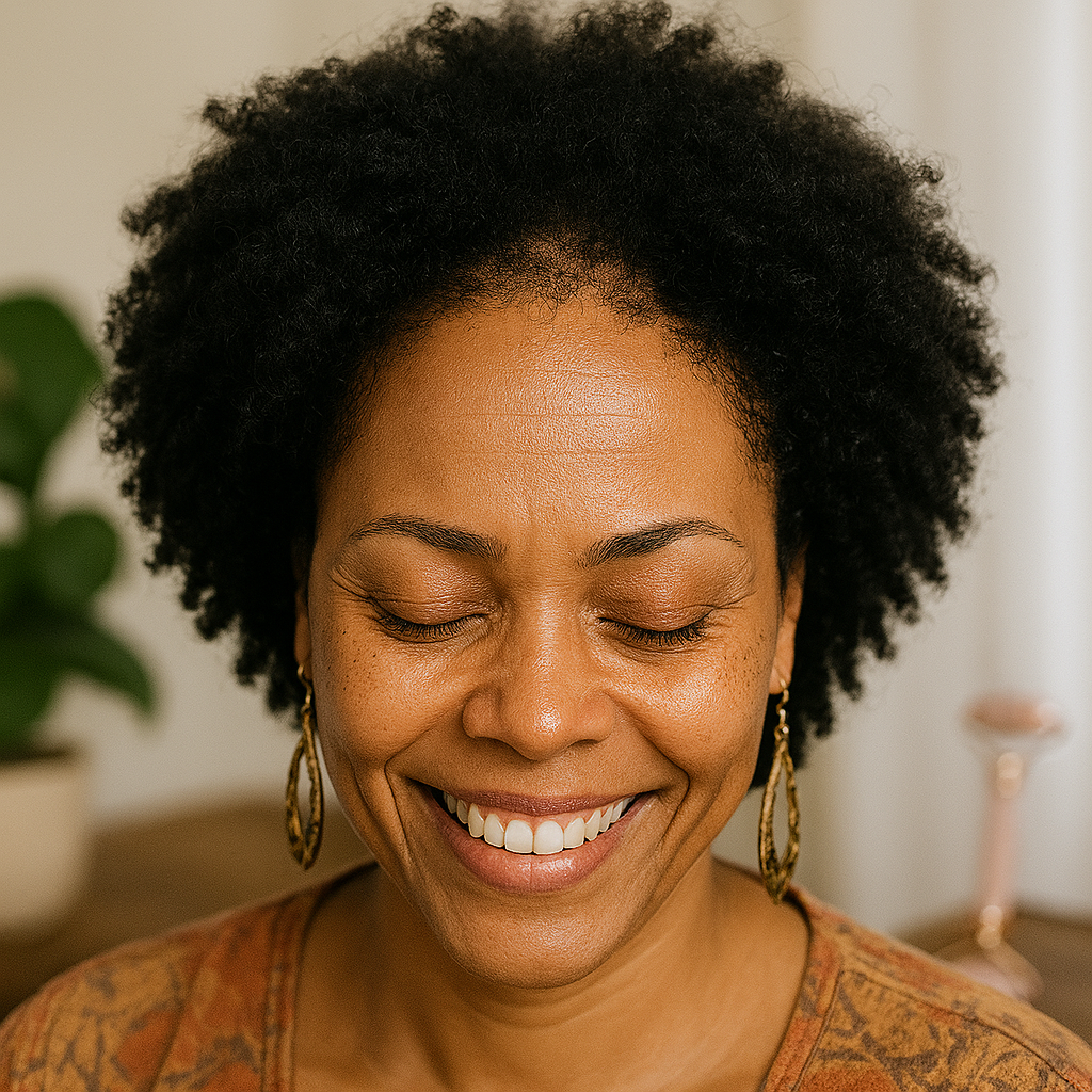 Smiling person with closed eyes and curly hair, wearing earrings.