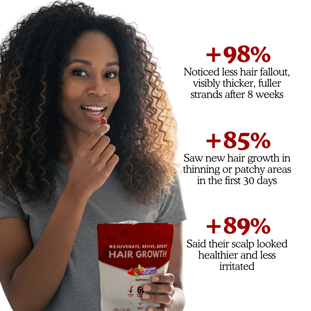 A woman with long curly hair takes a hair growth supplement next to text outlining positive results.