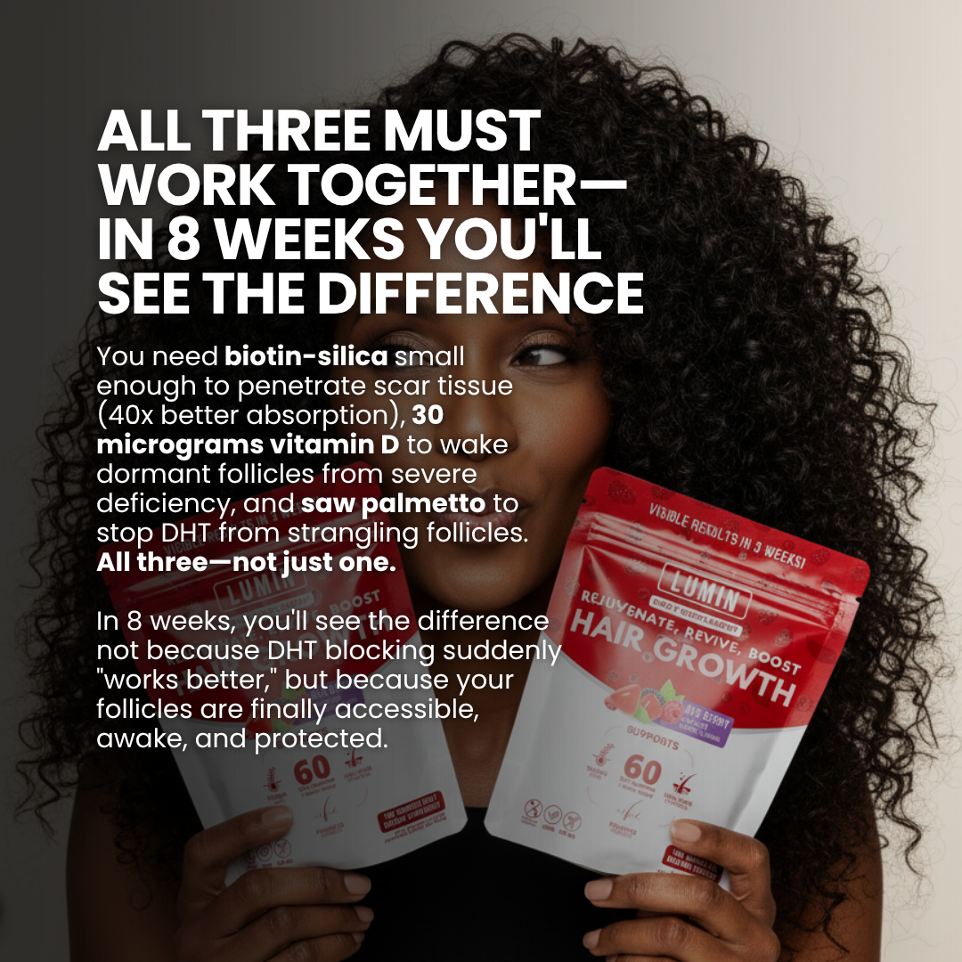 Person holding hair growth supplement packets with text about product benefits.