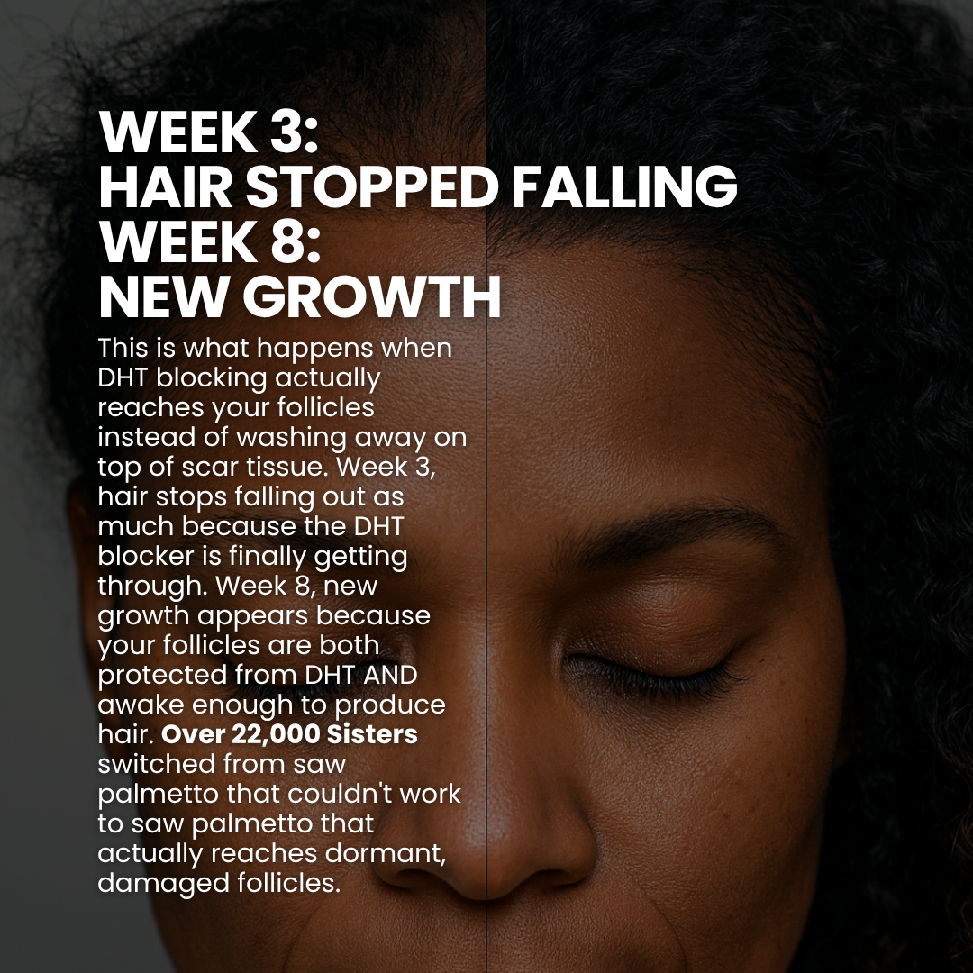 Close-up of a woman's face with text about hair growth benefits and DHT blocking.