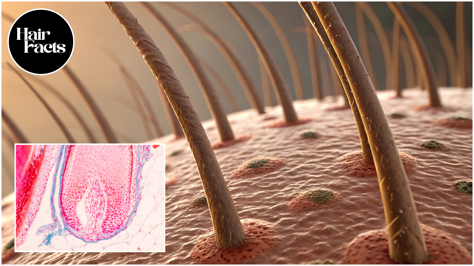 Close-up of hair follicles on skin with microscopic insert.