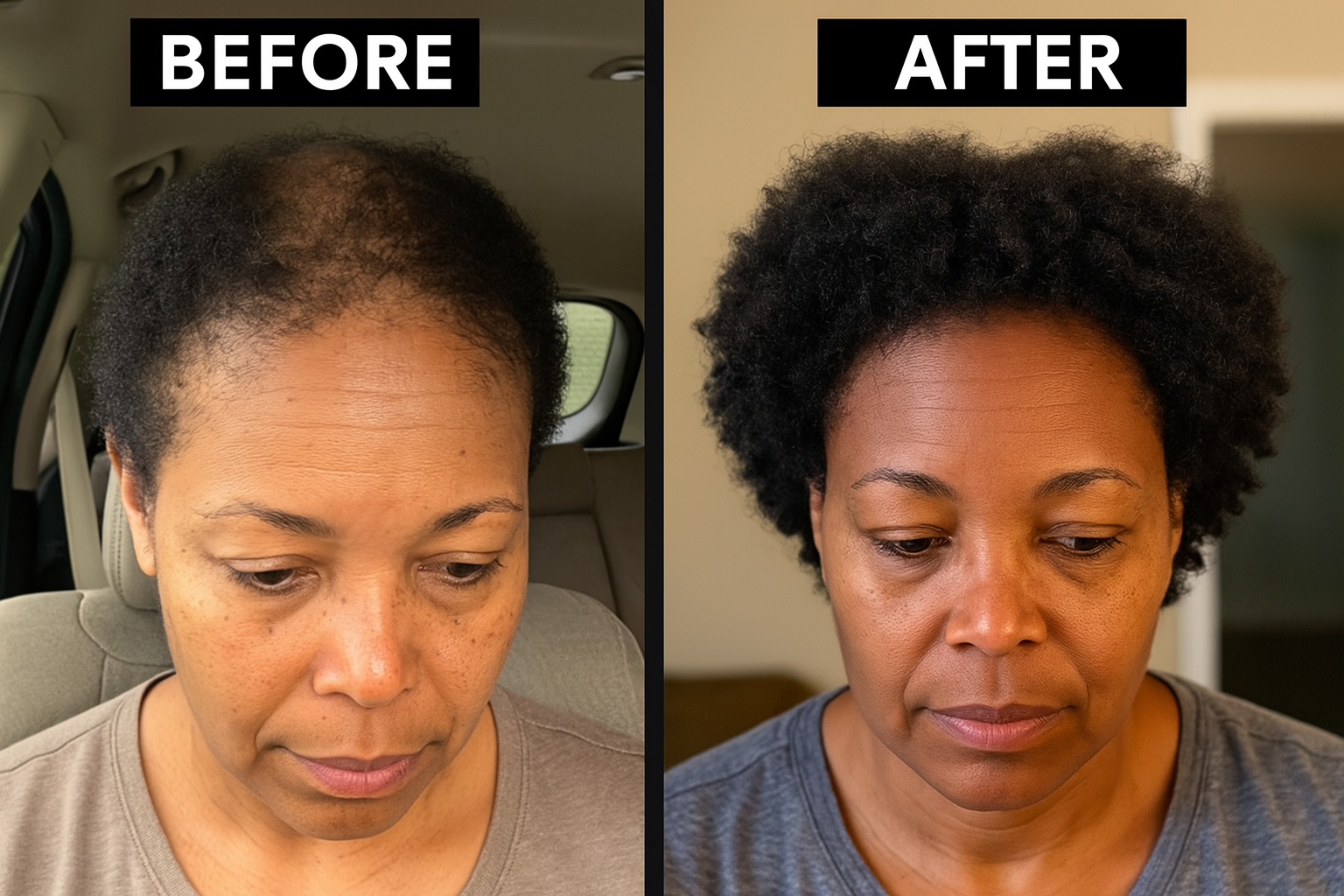 Side-by-side comparison of a woman's hair before and after treatment.