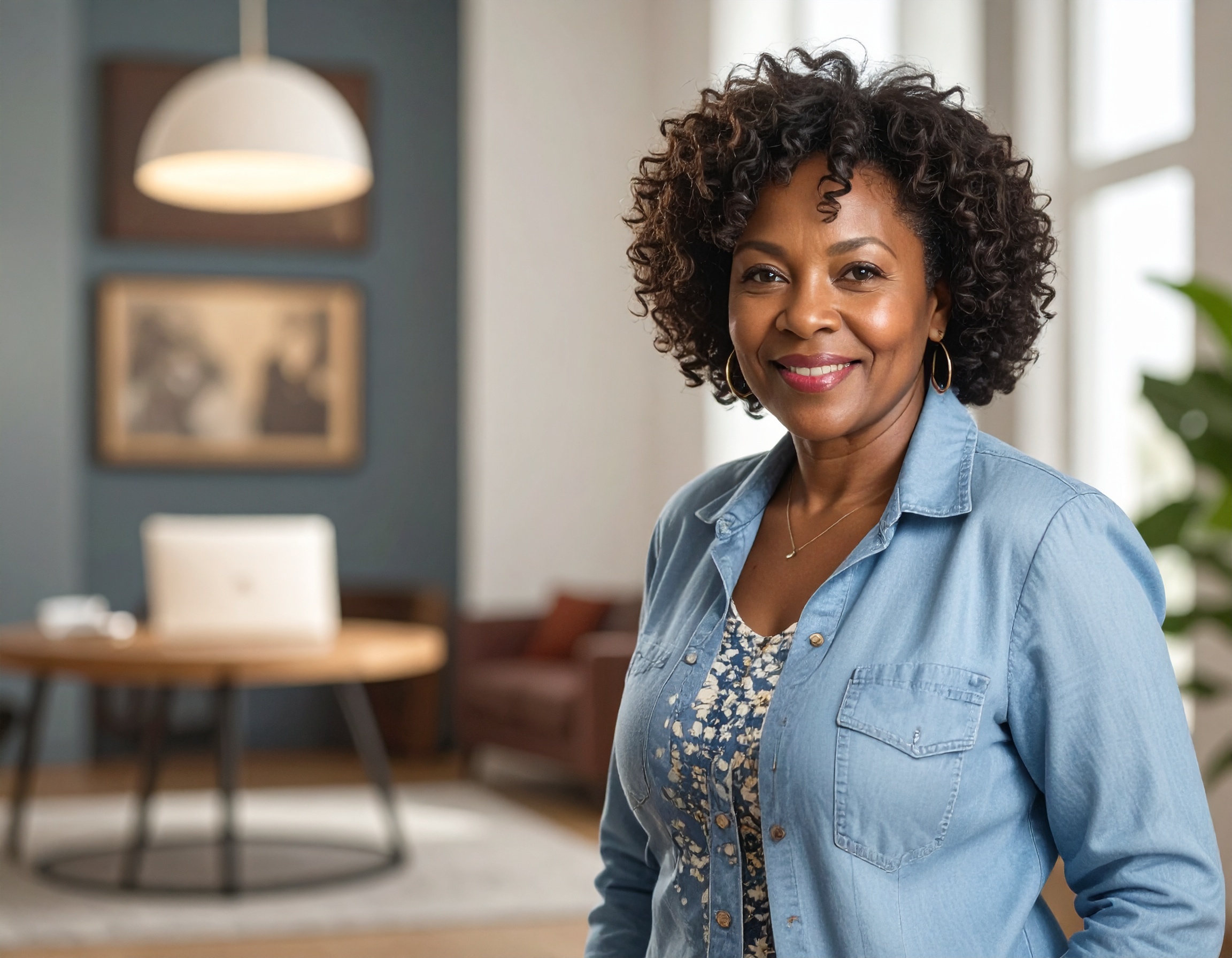 Smiling woman in a denim shirt standing in a modern office with a round table.