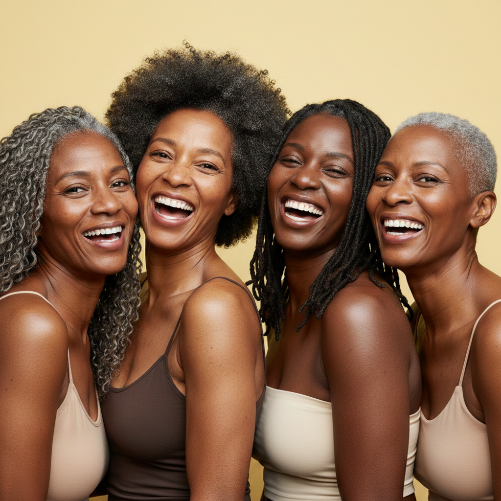 A group of four Black women of varying ages with different hairstyles laughing together against a yellow background.