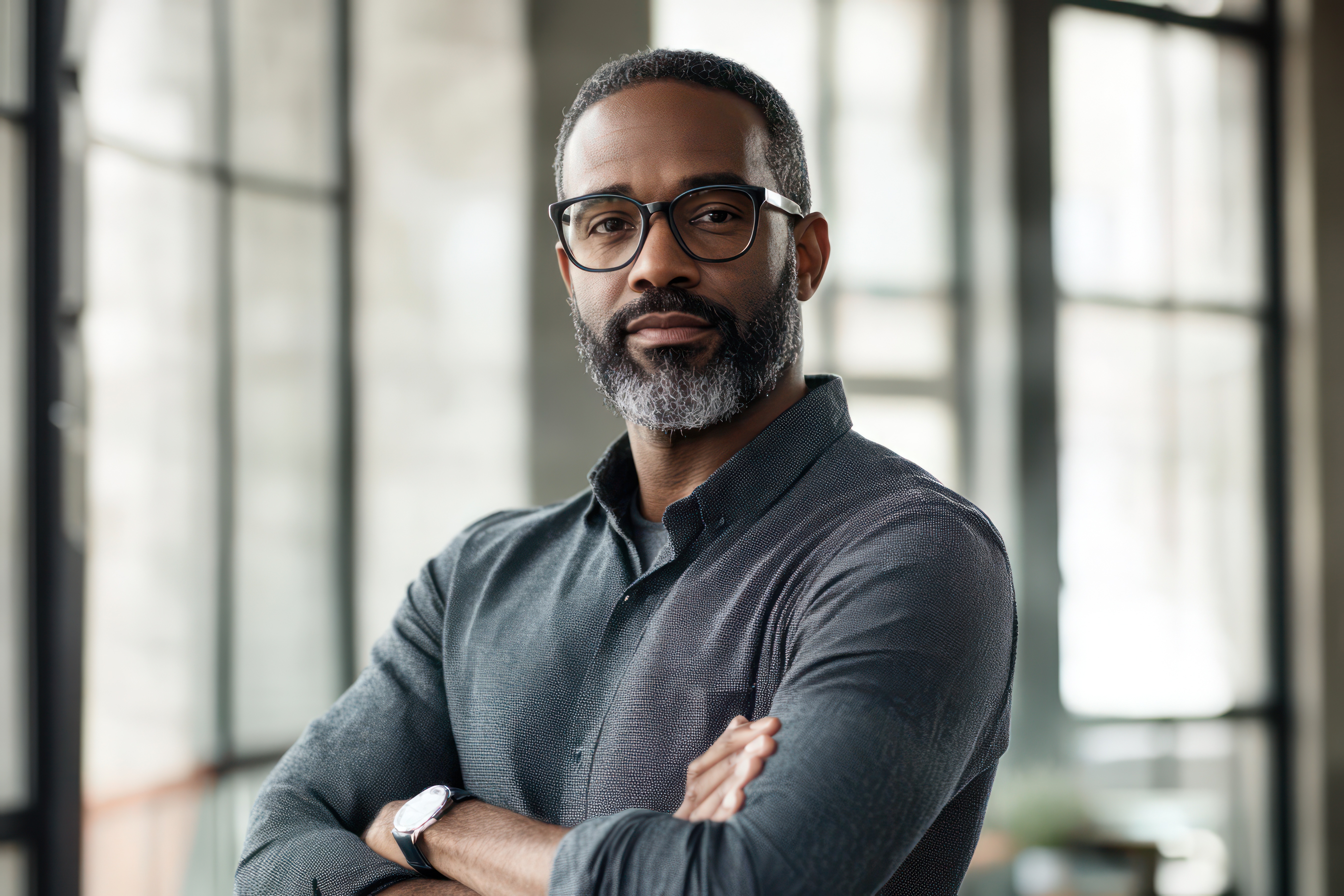 Man with glasses and beard standing with arms crossed indoors.