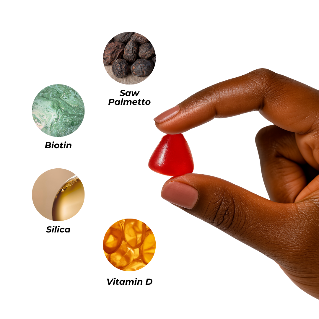Hand holding a red gummy with images of supplements labeled Biotin, Saw Palmetto, Silica, Vitamin D.