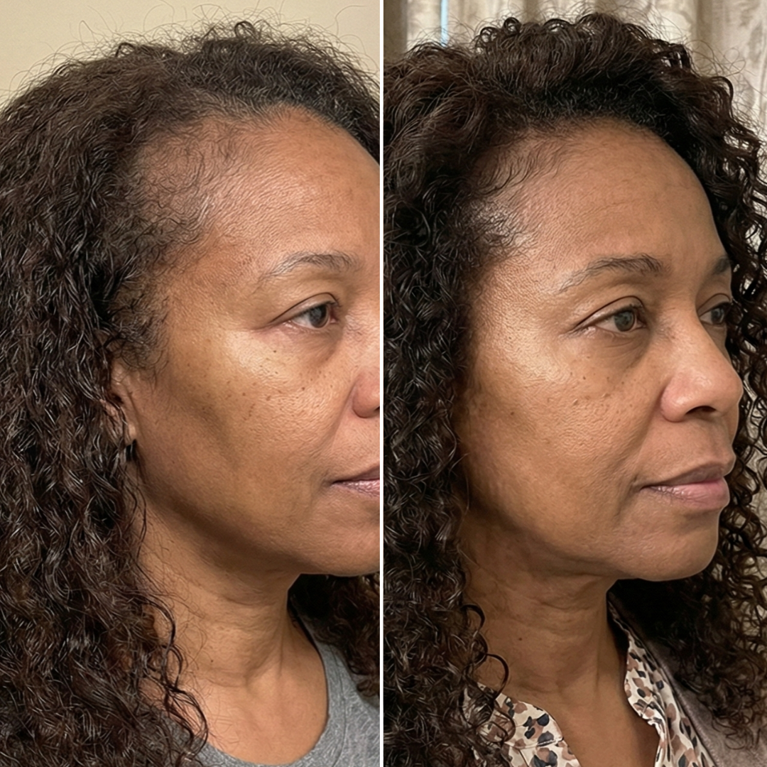 A before-and-after split image showing a woman with curly hair, with fuller hair growth in the second photo.