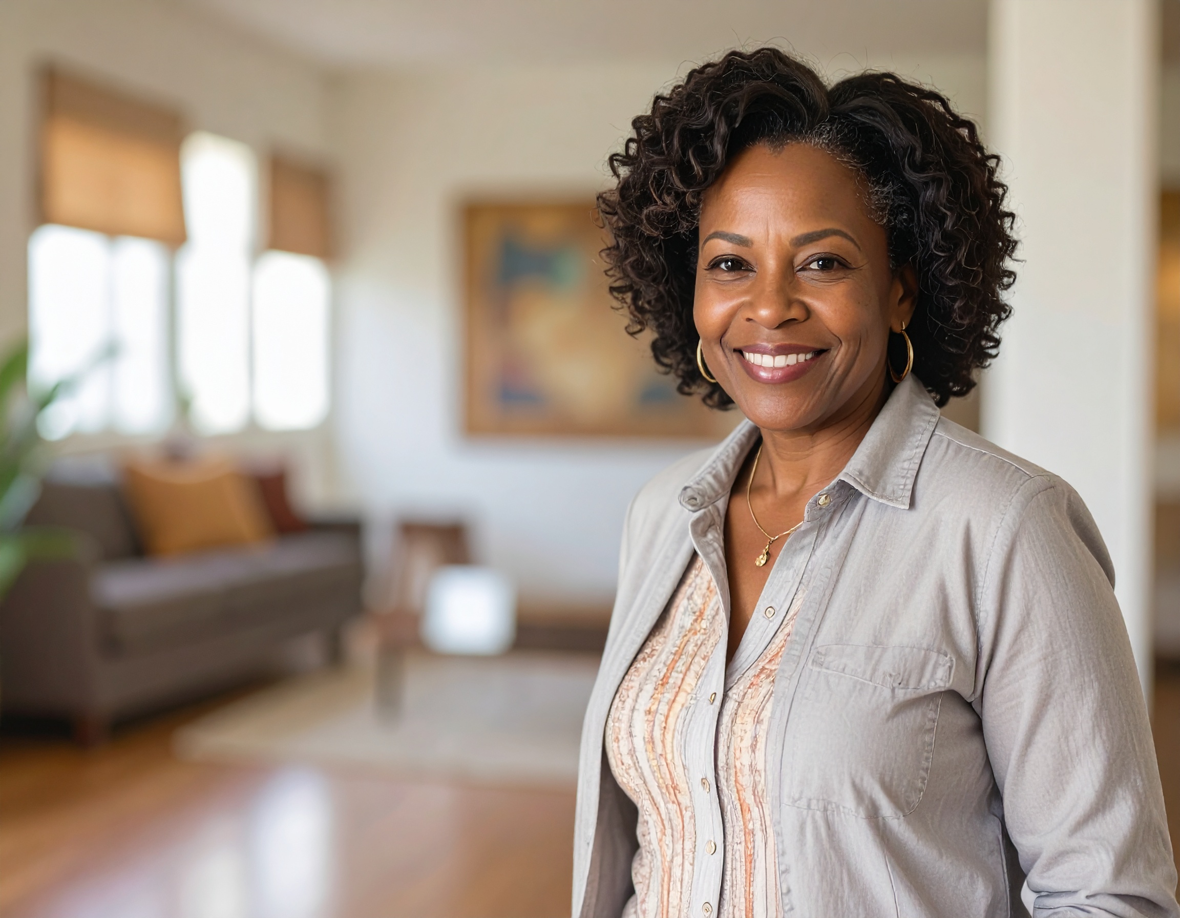 Smiling person standing in a bright living room with a couch and artwork.