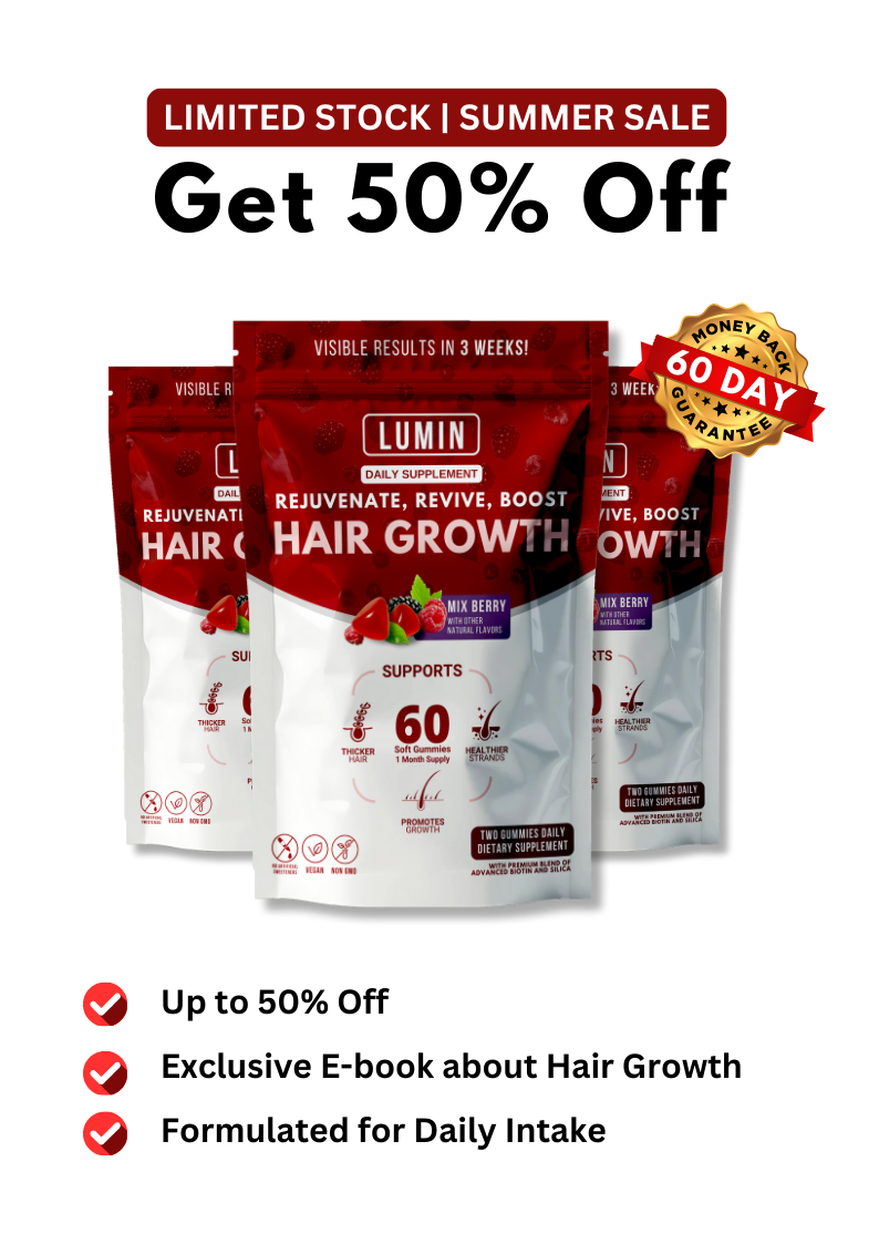 Promotional image for Lumin hair growth supplements with discount offer and product features.